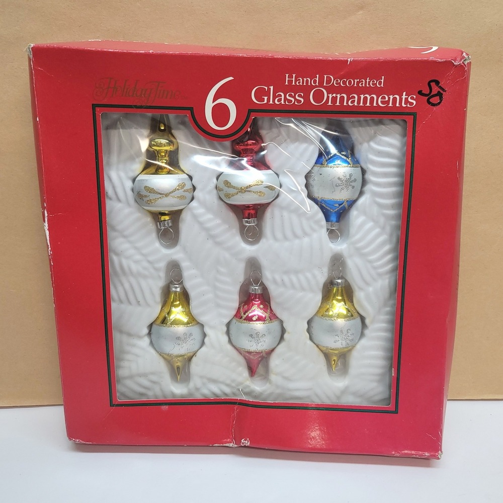 Holiday Time Small Hand Decorated Glass Ornaments Set of 6 Red Gold Blue 2.5"H